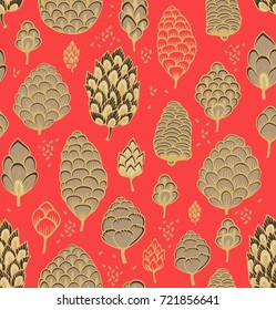 Seamless vector  pattern with pine cones and seeds on red background
