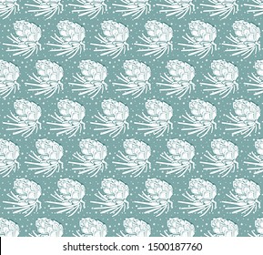 Seamless vector pattern with pine, conifer, cedar cones and branches and falling snow. Hand drawn vector illustration on green background. Forest vintage style. Christmas gift wrapping.