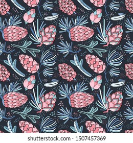 Seamless vector pattern with pine, conifer, cedar cones and branches.Hand drawn vector illustration on black background with graphical elements, strokes, points.Vintage style. Christmas gift wrapping.