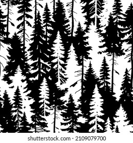Seamless vector pattern with pine tree silhouettes. Isolated on white background. Perfect for textile, wallpaper or print design. 