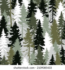 Seamless vector pattern with pine tree silhouettes on light grey background. Perfect for textile, wallpaper or print design. 