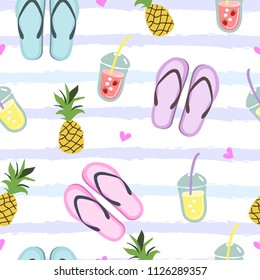 Seamless vector pattern with pineapple, cocktail, hearts and other elements. Summer pattern.