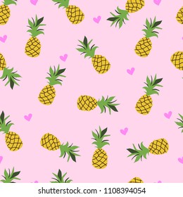 Seamless vector pattern with pineapple and heart on a pink background.