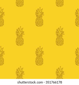 Seamless vector pattern of pineapple on a yellow background, painted by hand.