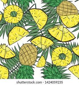 Seamless vector pattern with pineapple, part, slices and tropical leaves on white background. Wallpaper, fabric and textile design. Good for printing. Cute wrapping paper pattern with fruits.
