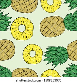 Seamless vector pattern with pineapple and slice on white background. Wallpaper, fabric and textile design. Cute wrapping paper pattern with tropical fruits. Good for printing.