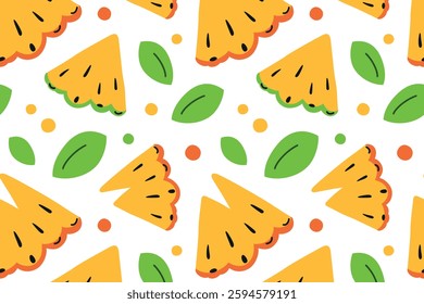 Seamless vector pattern with pineapple slices and tropical leaves. Bright, colorful, and playful design in cartoon style. Summer backgrounds with tropical fruit, fabric, wrapping paper, and prints