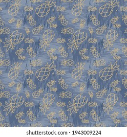 Patrón vectorial sin soldadura con piñas. Las piñas bordadas en un fondo de denim azul. Para el diseño de tejidos, textiles, embalajes, papel pintado.