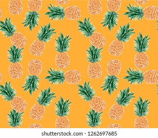 Seamless vector pattern with pineapples on yellow background