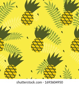 Seamless vector pattern with pineapples and palm leaves on yellow backgorund. Modern concept for fabric and paper, surface textures.