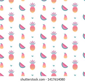 Seamless vector pattern with pineapples, watermelons, pears and leaves in blue, yellow and pink colours.