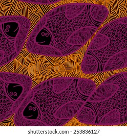 Seamless vector pattern with pink African fish. Hand drawn. Abstract ornamental orange background. Repeating colorful background texture. Cloth design. Wallpaper, wrapping.