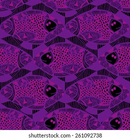 Seamless vector pattern with pink African fish. Hand drawn. Abstract ornamental decorative violet background. Repeating colorful background texture. Cloth design. Wallpaper, wrapping.