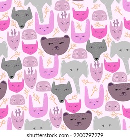 Seamless vector pattern with pink animal faces in doodle style. Children's pattern for printing on pastel linen and stationery.