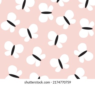 Seamless vector pattern in pink background with white and black colored flying butterflies and love