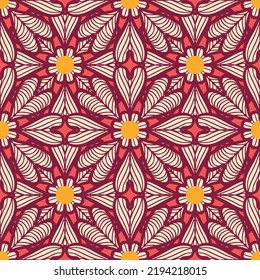 Seamless vector pattern with pink beige retro flowers with lines on a vintage red background. Happy summer design for weddings and more.