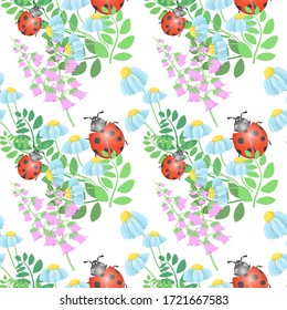 Seamless vector pattern with pink bell flowers, blue flowers, leaves and ladybug.