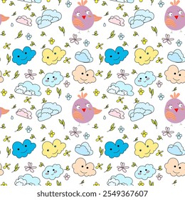 Seamless vector pattern with pink bird, yellow and blue clouds, delicate flowers, cartoon doodle style on transparent background