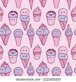 Seamless vector pattern of pink and blue  hand drawn ice cream. Cute background with frozen desserts. Funny characters in pastel colors for design.