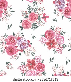 seamless vector pattern with pink botanical flowers and tropical leaves. hand drawn watercolor flower bunch pattern isolated on white background. watercolor flower arrangements.