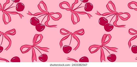 
Seamless vector pattern. Pattern of pink bows and cherries on a pink background. Trendy print. Festive pattern. Design for wrapping paper, packaging, background, fabric, textile, home decor, gifts, g