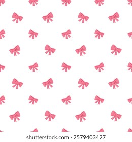 Seamless vector pattern with pink bows and ribbons. Elegant Valentine’s Day design featuring soft, romantic tones. Perfect for gift wrapping, greeting cards, textile prints, web banners and packaging