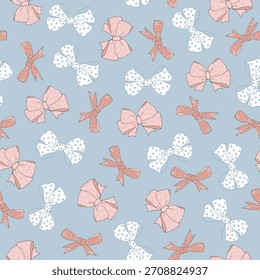 A seamless vector pattern of pink bows on a blue background. Perfect for fashion prints, digital printing, party design, packaging, and glamorous accessories
