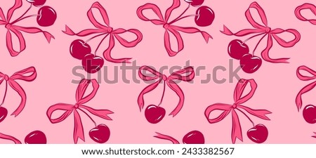 
Seamless vector pattern. Pattern of pink bows and cherries on a pink background. Trendy print. Festive pattern. Design for wrapping paper, packaging, background, fabric, textile, home decor, gifts, g