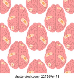 Seamless vector pattern of pink brain on a white background. Mental health.