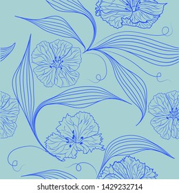 Seamless vector pattern of pink carnation flowers with green leaves. Floral element, hand drawn botanical illustration.