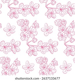 Seamless vector pattern with pink cherry blossom flowers and branches on white background. Springtime and renewal concept in a delicate hand drawn floral design