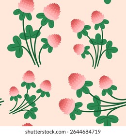 Padrão de vetor sem costura com flores de trevo rosa e folhas verdes no fundo pastel, ilustração botânica plana com vibe de prado de verão