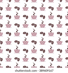 Seamless vector pattern with pink coffee cups with dots and grains on the white background. Series of Food and Drink Seamless Patterns.