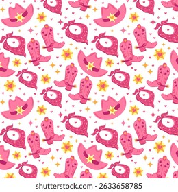 Seamless vector pattern with pink cowboy hats, bandanas, and western star badges. Cute western theme for kids.