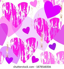 Seamless vector pattern. Pink, crimson, lilac hearts and golden brush strokes on a white background. Abstract romantic background. 