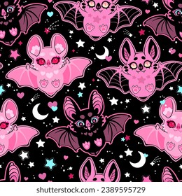 Seamless vector pattern of pink cute flying bats