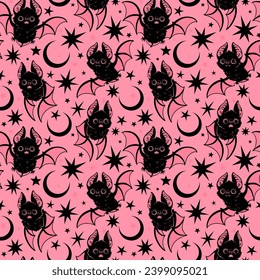 Seamless vector pattern of pink cute flying bats