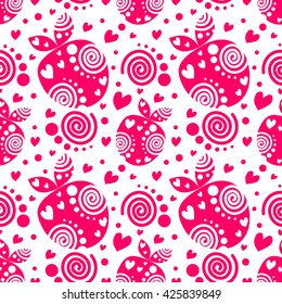 Seamless vector pattern with pink decorative ornamental beautiful strawberries and dots on the white background. Repeating tiled ornament. Series of Fruits and Vegetables Seamless Patterns.
