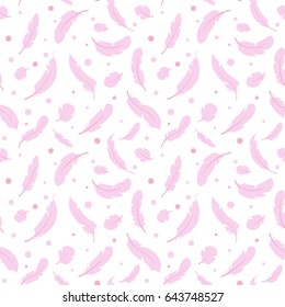 Seamless vector pattern with pink feathers on a white background
