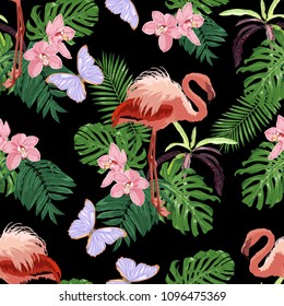 Seamless vector pattern with pink flamingo, tropical leaves, orchids and butterflies on a dark background.