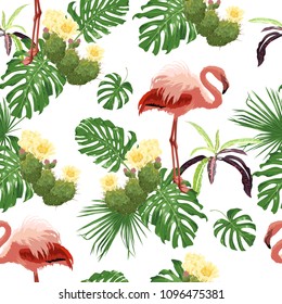 Seamless vector pattern with pink flamingo, tropical leaves and blooming cacti.