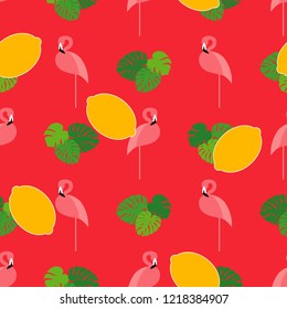 Seamless vector pattern with Pink Flamingo on textured background. Lemons. Can be used for wallpaper, textile, invitation card, wrapping, web page background.