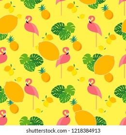 Seamless vector pattern with Pink Flamingo on textured background. Lemons. Can be used for wallpaper, textile, invitation card, wrapping, web page background.