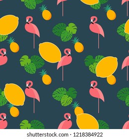 Seamless vector pattern with Pink Flamingo on textured background. Lemons. Can be used for wallpaper, textile, invitation card, wrapping, web page background.
