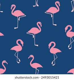 Seamless vector pattern of pink flamingo on tropical blue background