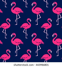 Seamless vector pattern of pink flamingo on tropical blue background