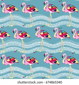 Seamless vector pattern of pink flamingo on a blue background. Seamless Pattern Exotic tropical bird.  Decoration element. Vector illustration.