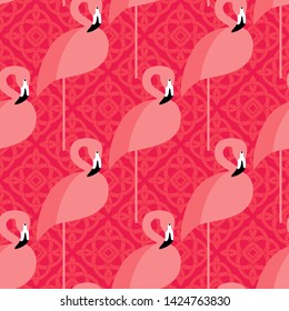 Seamless vector pattern with Pink Flamingos. Cute cartoon. Vector illustration. Can be used for wallpaper, textile, invitation card, wrapping, web page background.