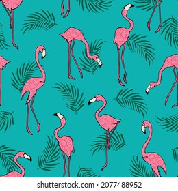 Patrón vectorial sin brillo con flamencos rosados sobre fondo azul. Diseño de fondo de pantalla de pájaro tropical simple. Textil de moda playera decorativa.