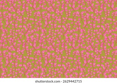 Seamless vector pattern of pink floral branches on a green background. Elegant and romantic design ideas for textiles, wallpapers, packaging, and botanical themed projects